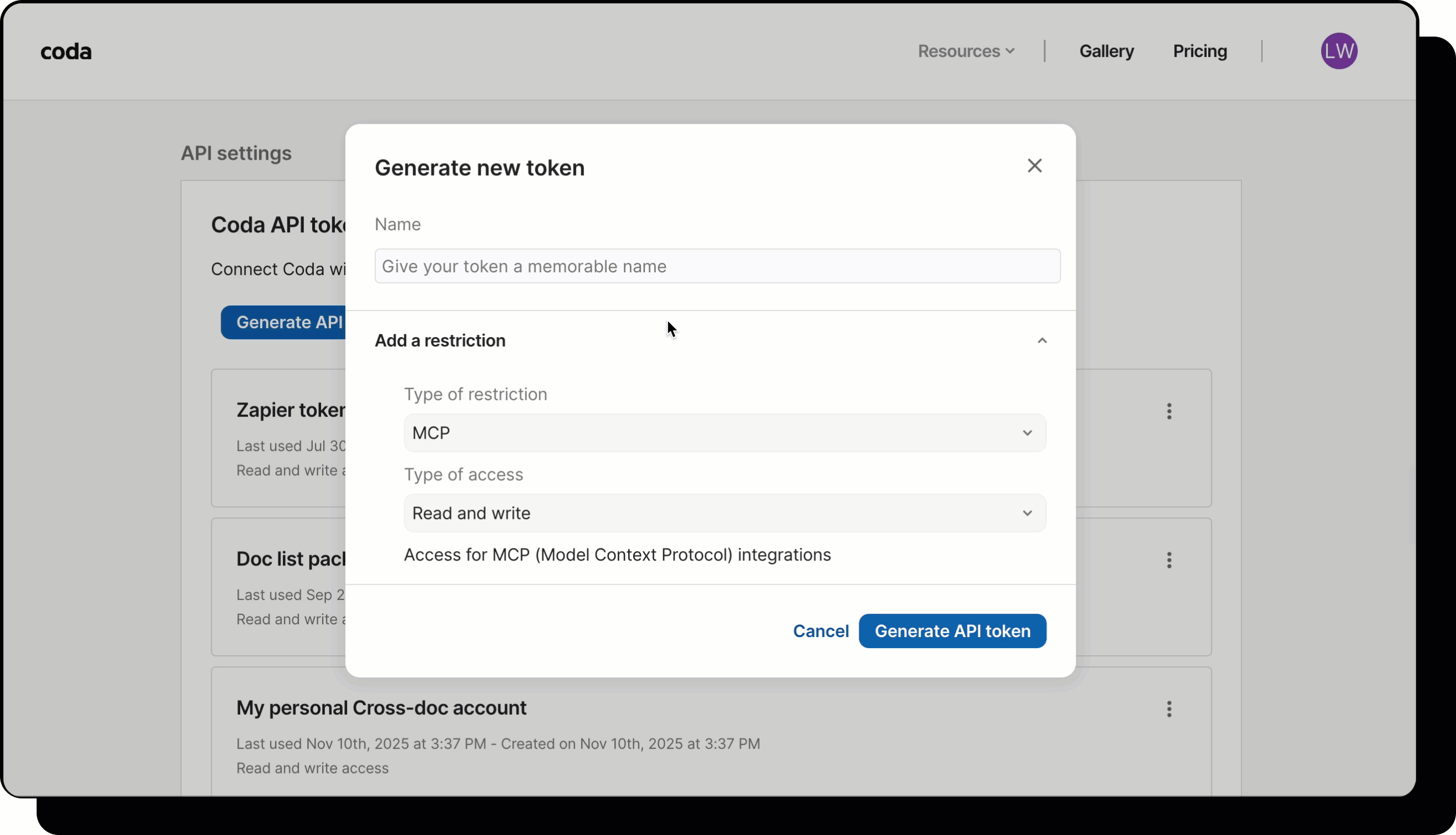 generate token for coda mcp.gif